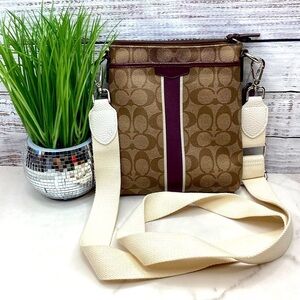 COACH KHAKI SIGNATURE PURPLE MAROON BAG CROSSBODY STRIPE GUC